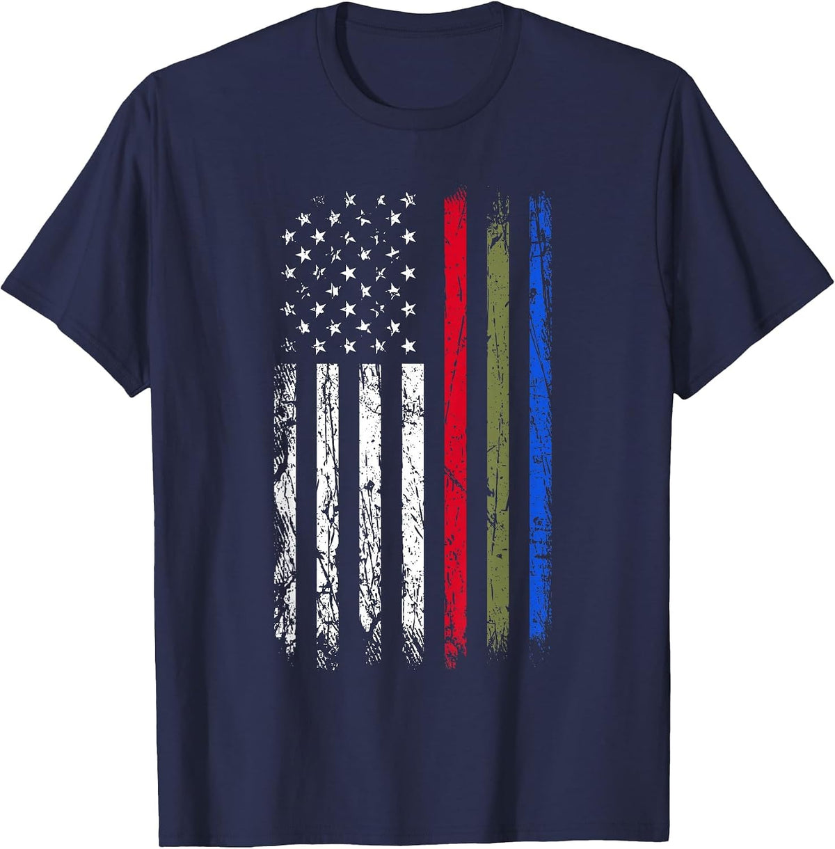 Thin Red Green Blue Line Flag Police Firefighters Military T-Shirt - Navy Blue