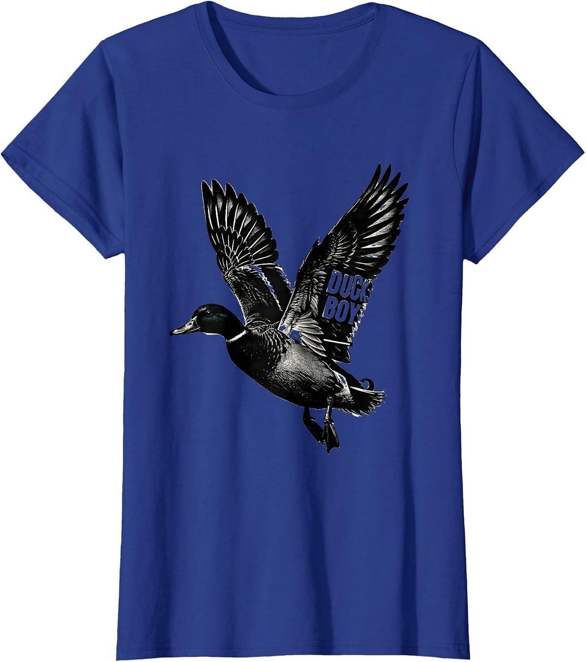 Women's Duck Boy Scratchboard Flying Mallard Youth Hunting Humor T-Shirt - Royal Blue