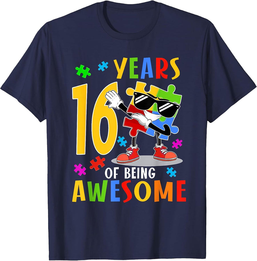 16 Years of Being Awesome Birthday Dabbing Autism Puzzle T-Shirt - Navy Blue