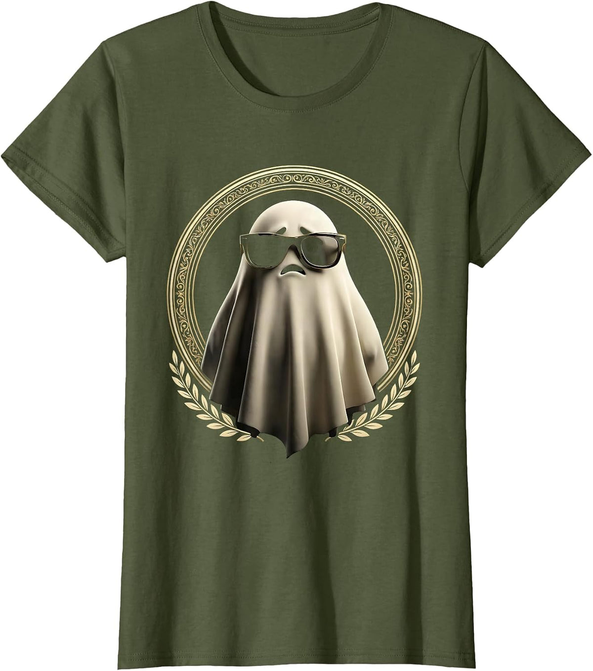 Boo Jee Ghost Wearing Designer Sunglasses T-Shirt, Women, Olive Green, Small - As Pictured
