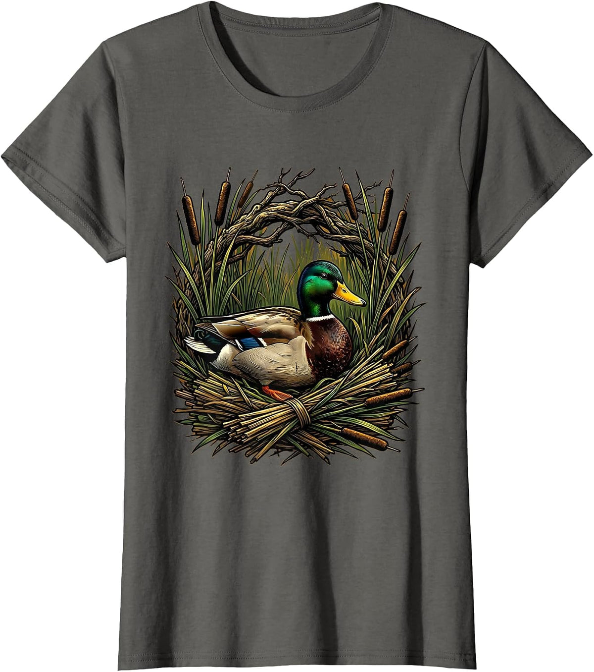 Women's Camo Duck Blind Cattails Hunting Illustration T-Shirt - Asphalt Grey