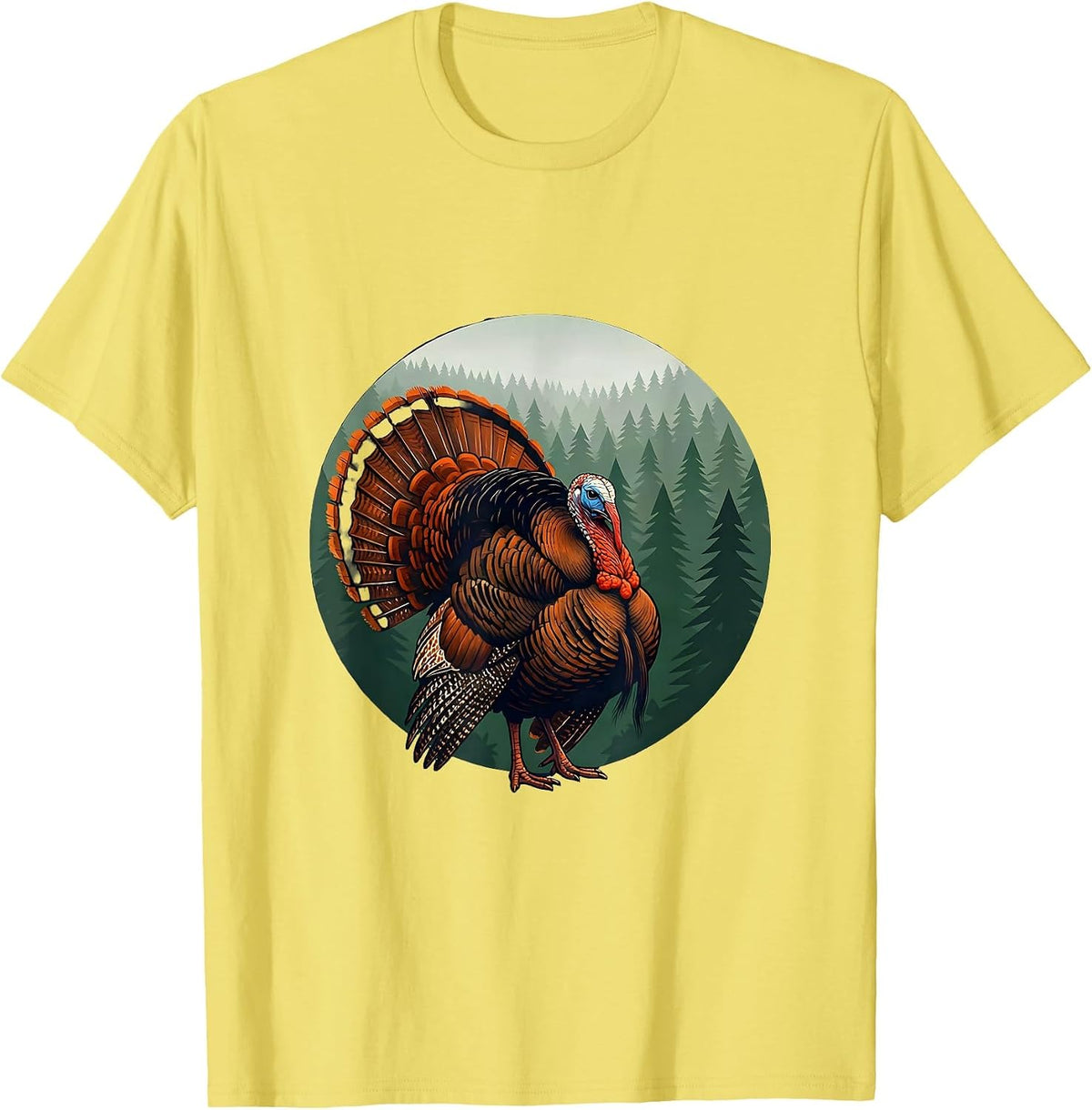 Men's Turkey Strutting Through Pine Forest Illustration T-Shirt - Lemon Yellow