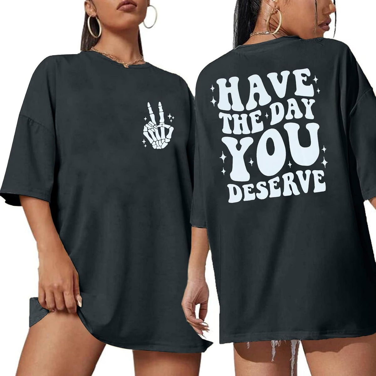 Oversized Tshirts for Women: Deserve Day Shirt Funny Skeleton Shirts Casual Oversized Graphic Tees Tops - Grey