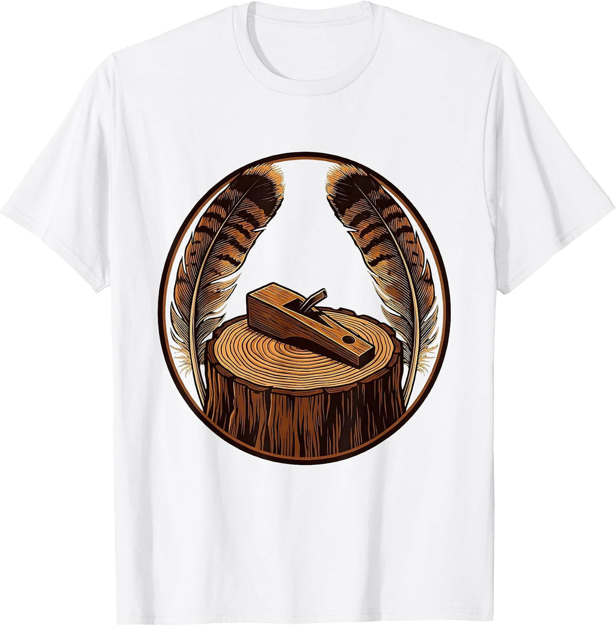 Men's Turkey Call and Feathers on Tree Stump Illustration T-Shirt - White
