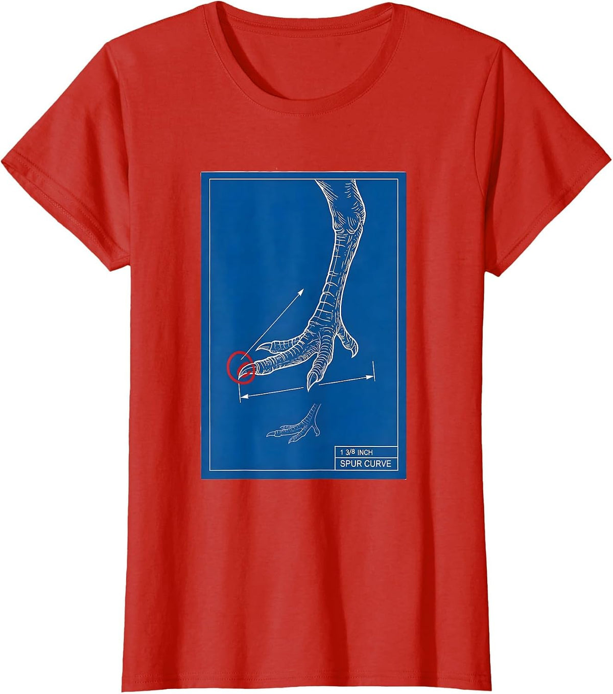 Women's 1 3/8 Inch Spur Curve Technical Blueprint Turkey Hunter Gift T-Shirt - Red