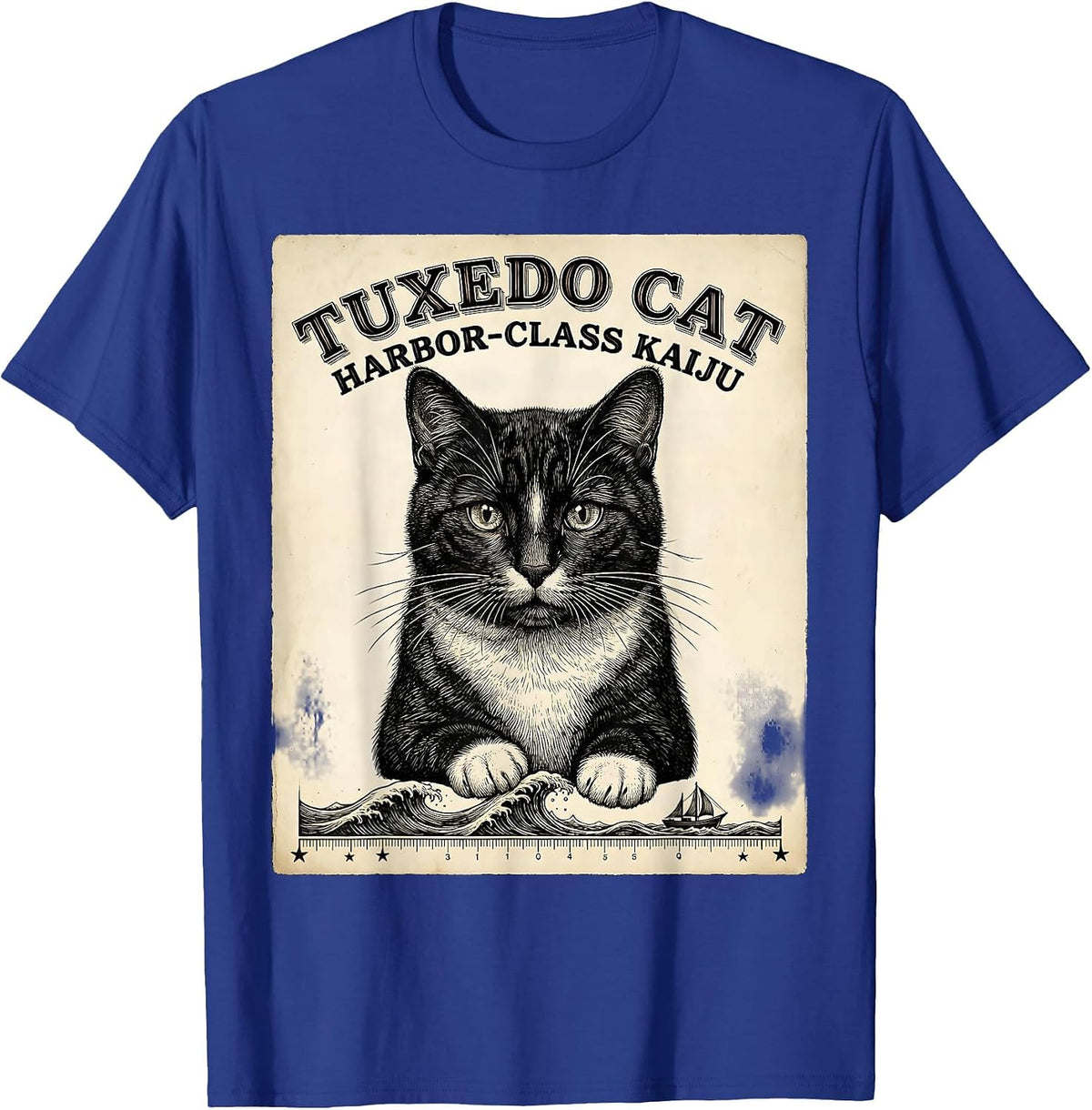 Tuxedo Cat Harbor-Class Kaiju Funny Japanese Monster Parody T-Shirt - Royal Blue