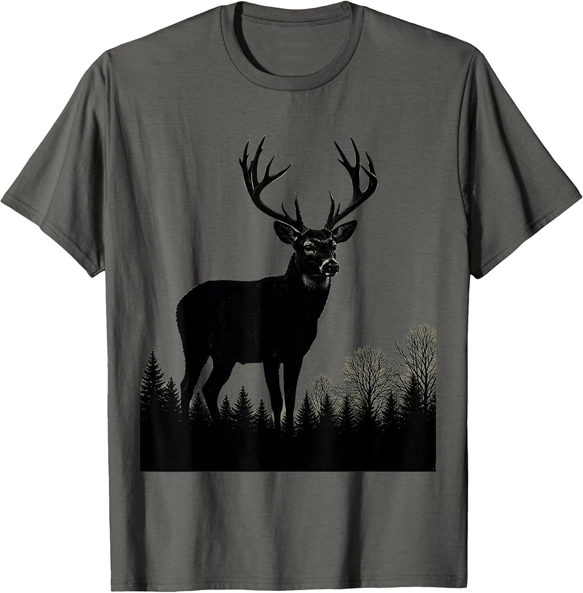 Buck Deer Silhouette Misty Treeline Hunting Design T-Shirt - Asphalt Grey