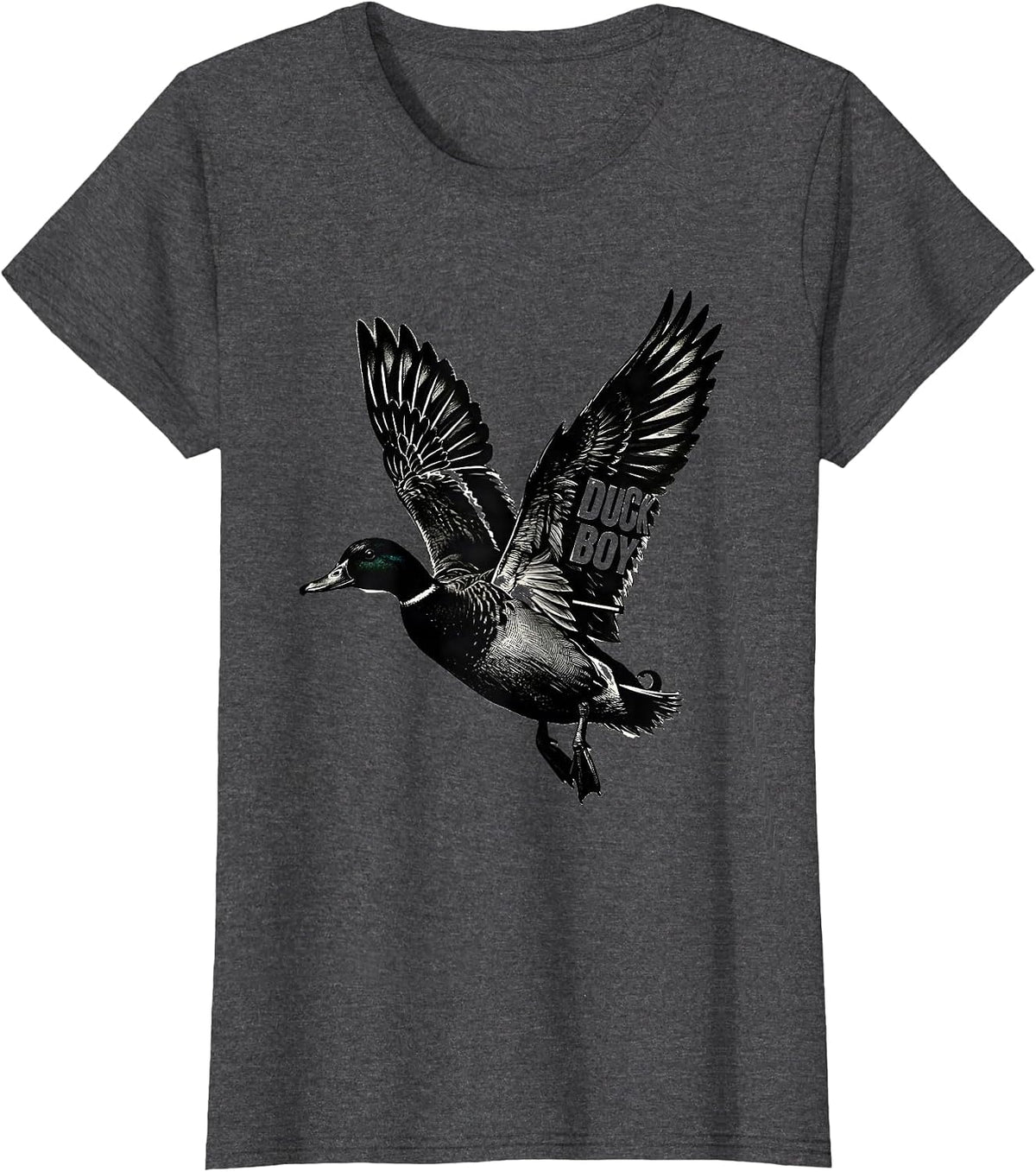 Women's Duck Boy Scratchboard Flying Mallard Youth Hunting Humor T-Shirt - Dark Heather Grey