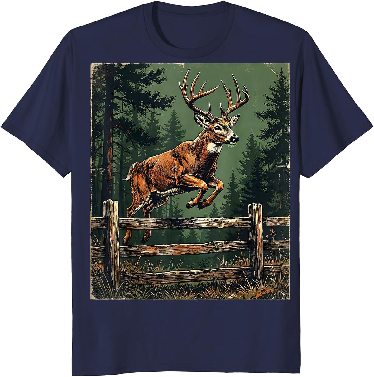 Whitetail Deer Leaping Over Forest Fence T-Shirt - Navy Blue