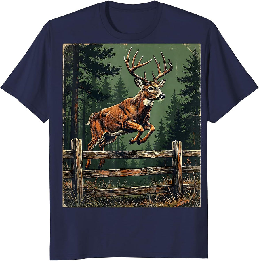 Whitetail Deer Leaping Over Forest Fence T-Shirt - Navy Blue
