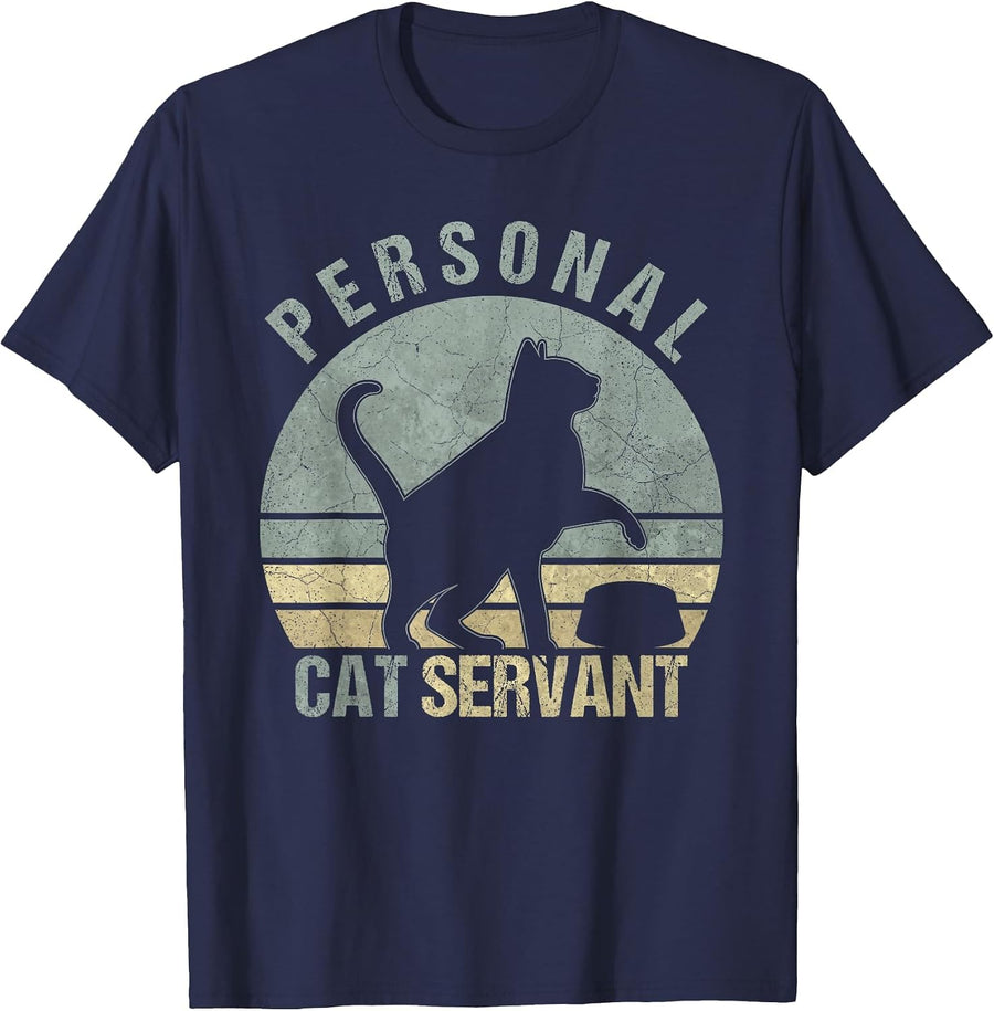 Personal Cat Servant Funny Black Cat Lovers Owners Mom Dad T-Shirt - Navy Blue