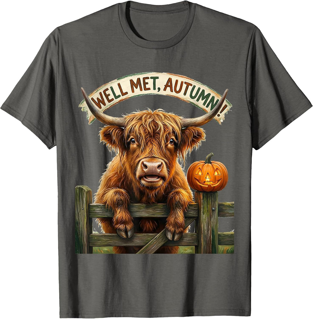 Well Met, Autumn! Storybook Highland Cow Fall Halloween T-Shirt - Asphalt Grey