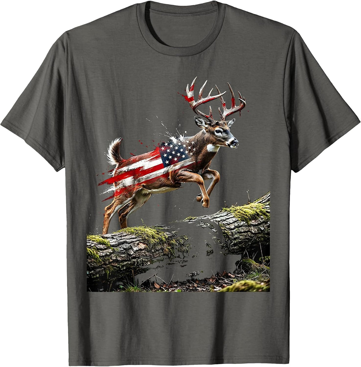 Men's Camo Whitetail Buck Leaping Over Fallen Log T-Shirt - Asphalt Grey