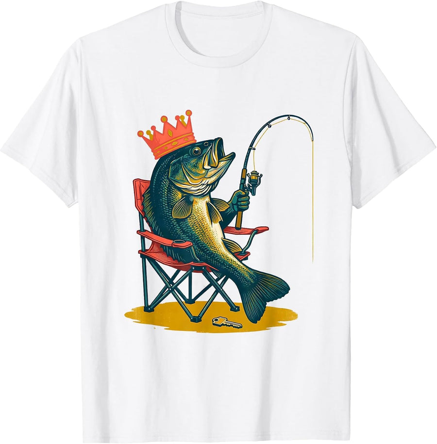 Men's Crowned Bass Fishing Humor Fisherman Gift T-Shirt - White