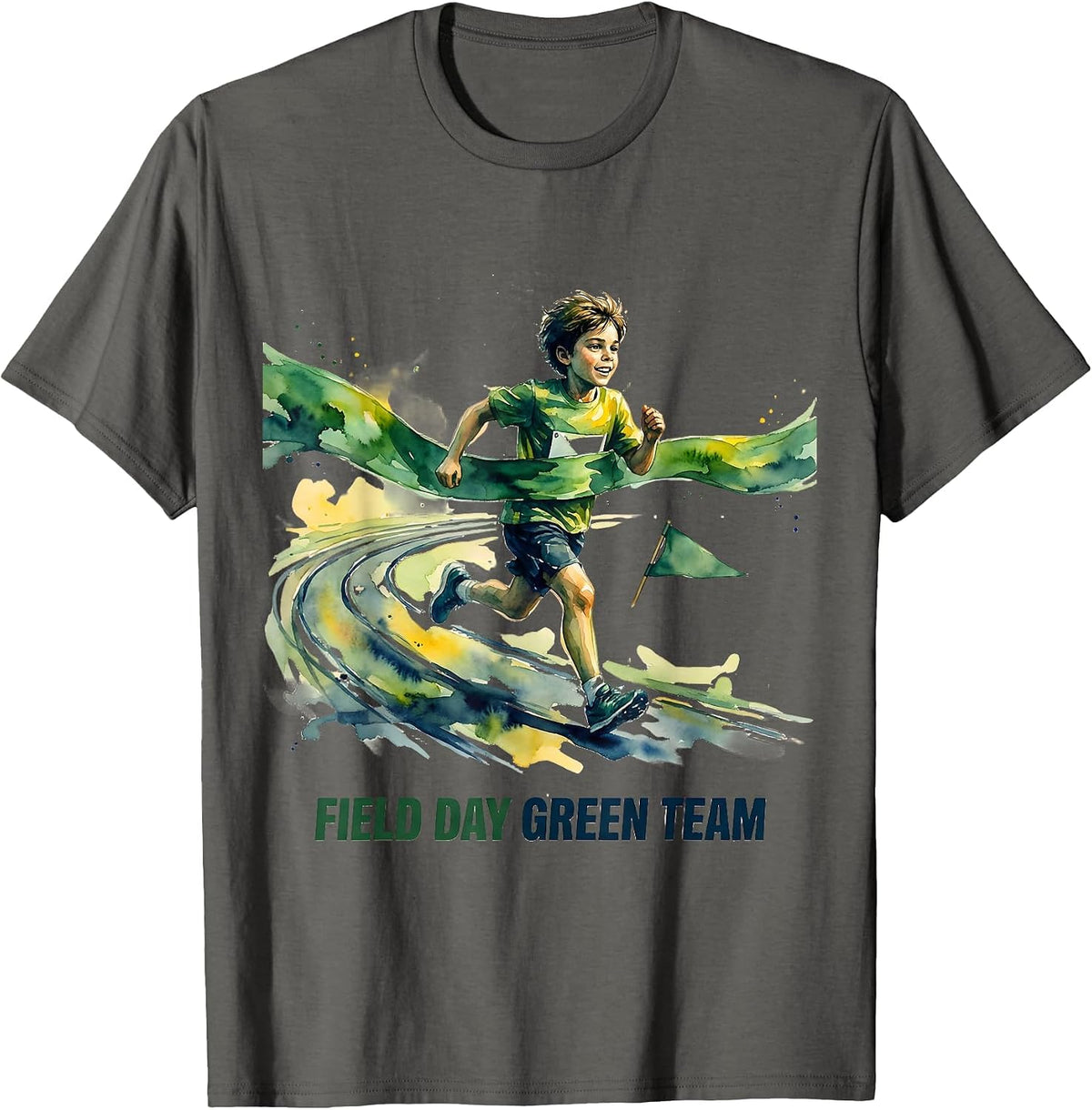 Field Day Green Team Watercolor Child Runner Track Ribbon T-Shirt - Asphalt Grey