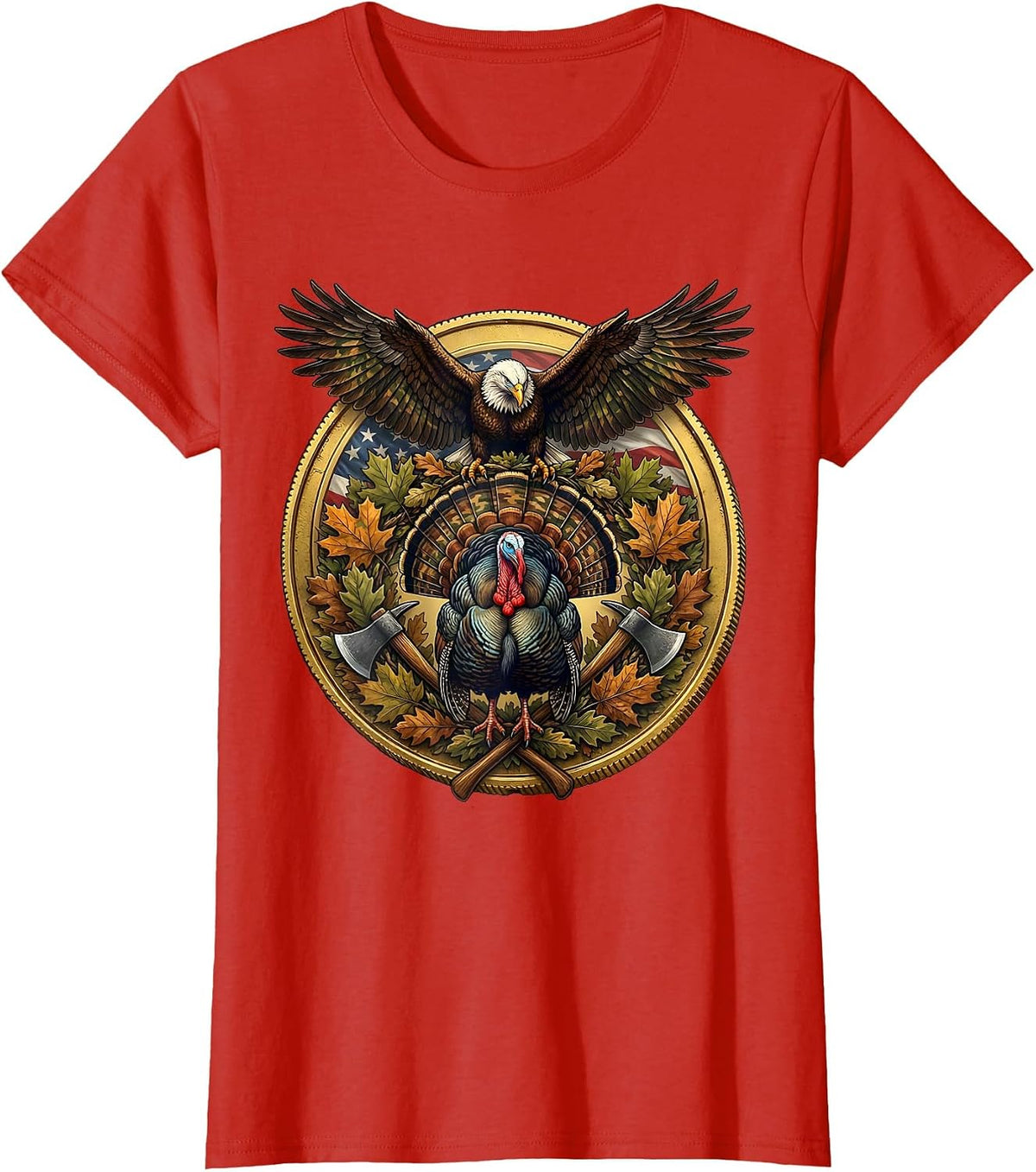 Women's Turkey Strutting Camo Leaf Scatter Hunting Design T-Shirt - Red