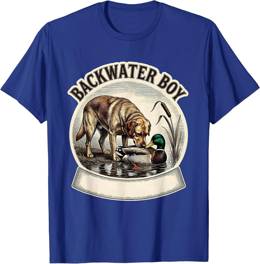 Backwater Boy Vintage Hunting Dog Labrador Retriever Duck T-Shirt - Royal Blue