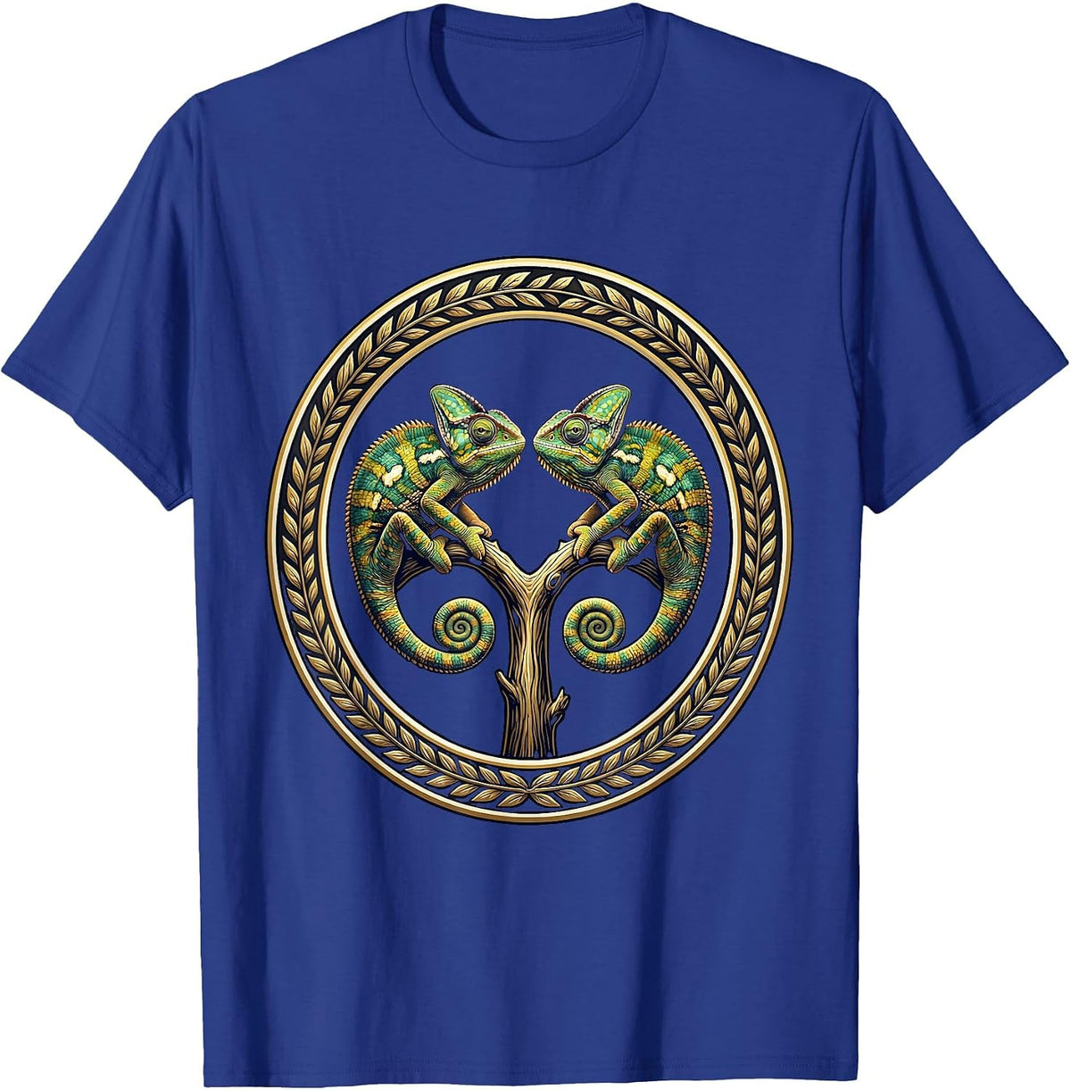 Twin Day Mirrored Chameleons on Forked Branch T-Shirt - Royal Blue