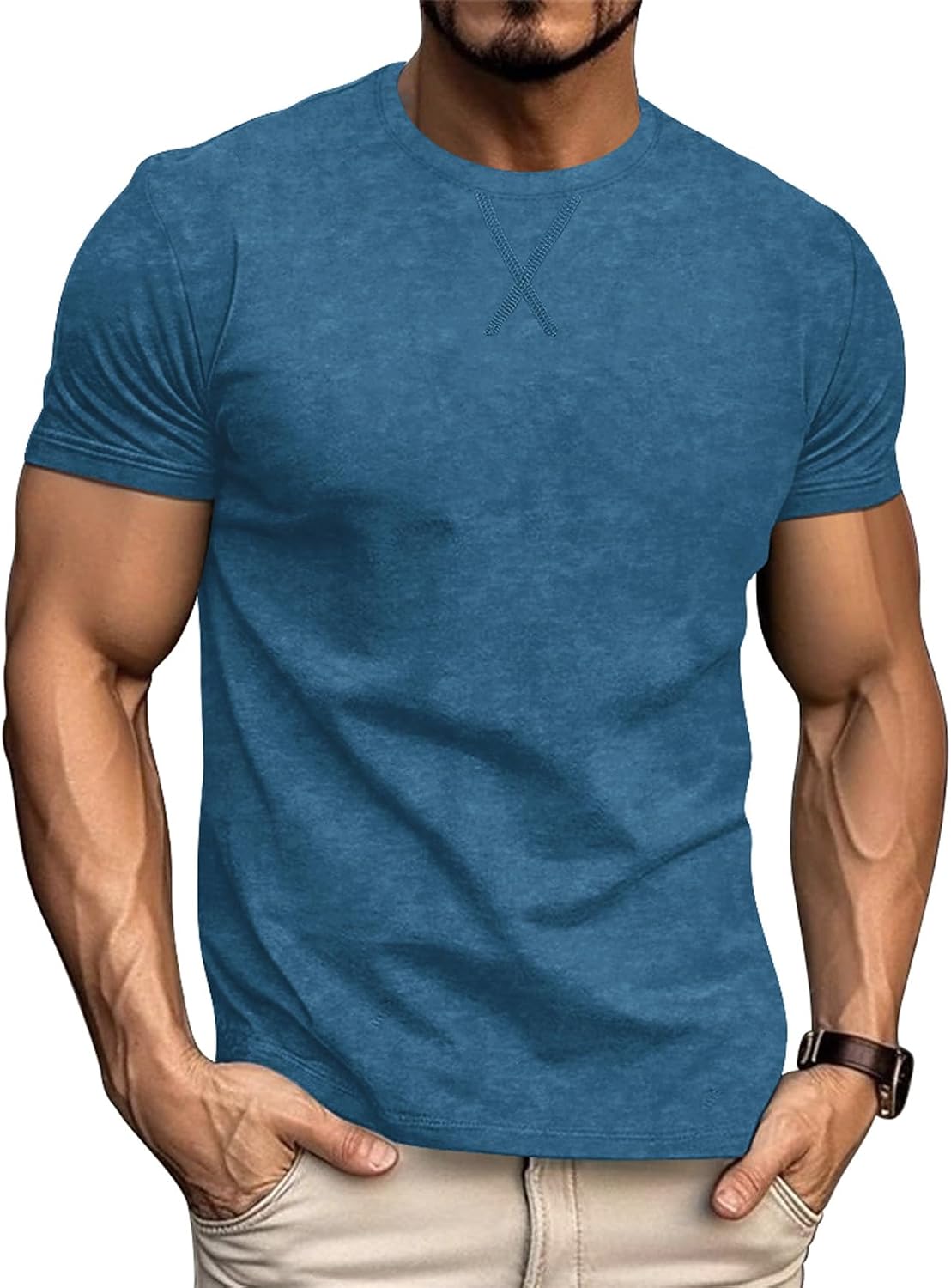 LOGEEYAR Men's Athletic Washed T-Shirts Basic Crew Neck Tees Tops Causal Distressed Cotton T Shirts for Men - Lake Blue