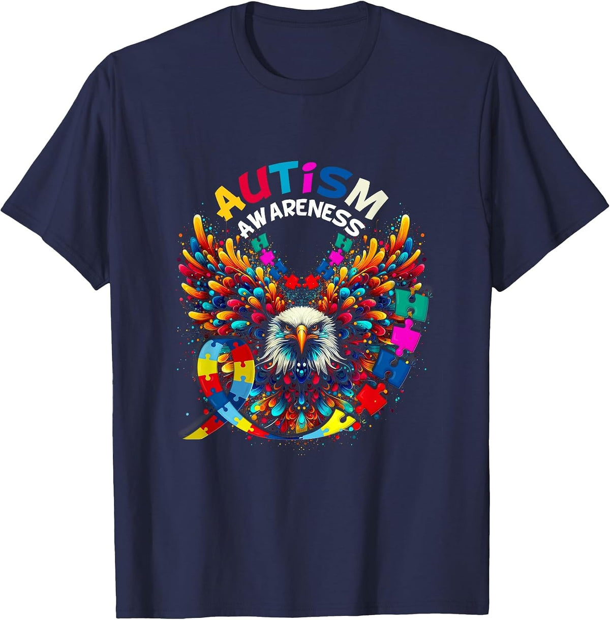 Autism Awareness Puzzle Pieces Eagle Family Health Support T-Shirt - Navy Blue