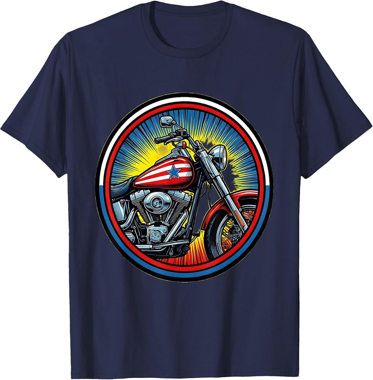 Patriotic Motorcycle Classic Bike Flag Tank Design T-Shirt - Navy Blue
