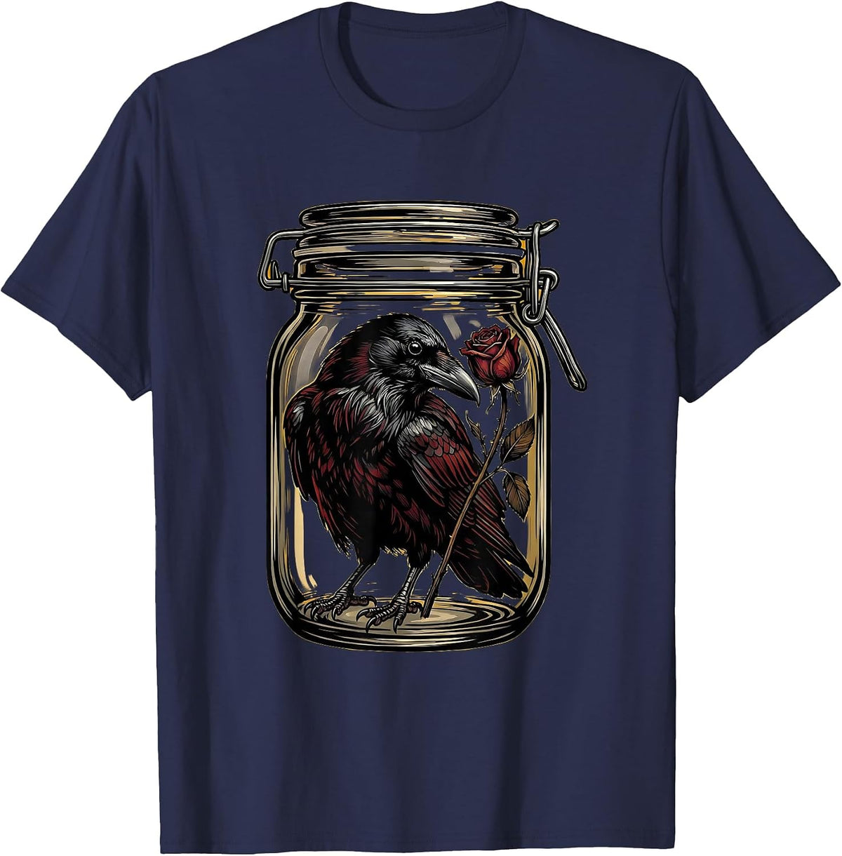 Men's Crow in a Mason Jar Sealed Shut Illustration T-Shirt - Navy Blue