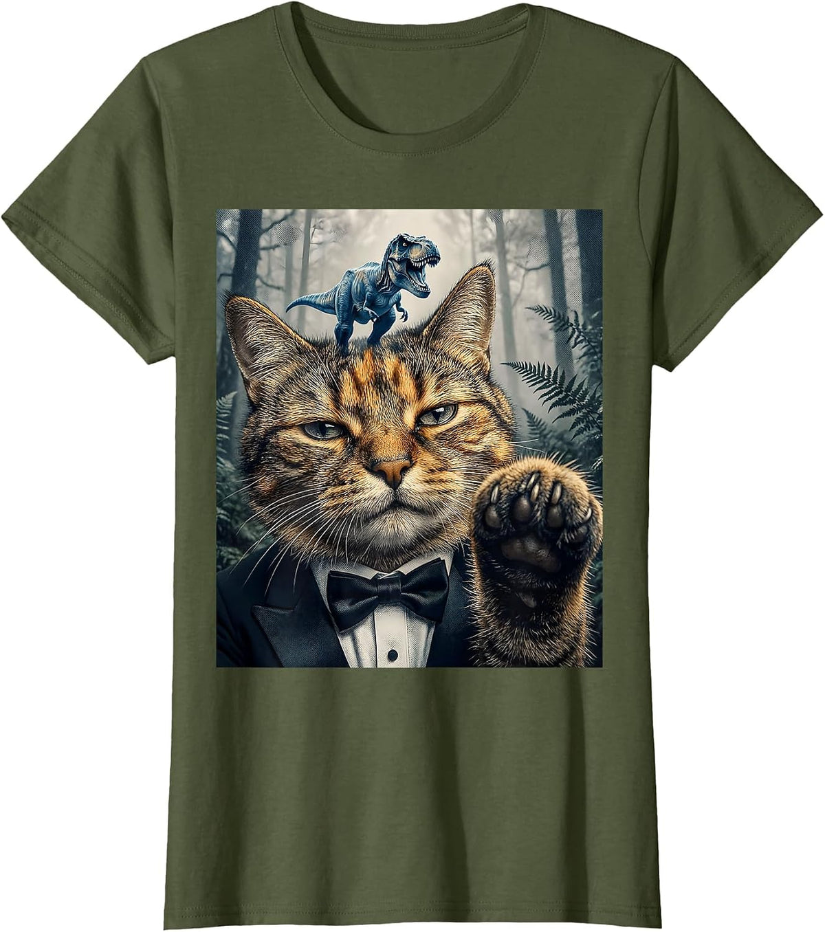 Women's Oversized Deadpan Tuxedo Cat T-Rex Selfie Funny Meme T-Shirt - Olive Green