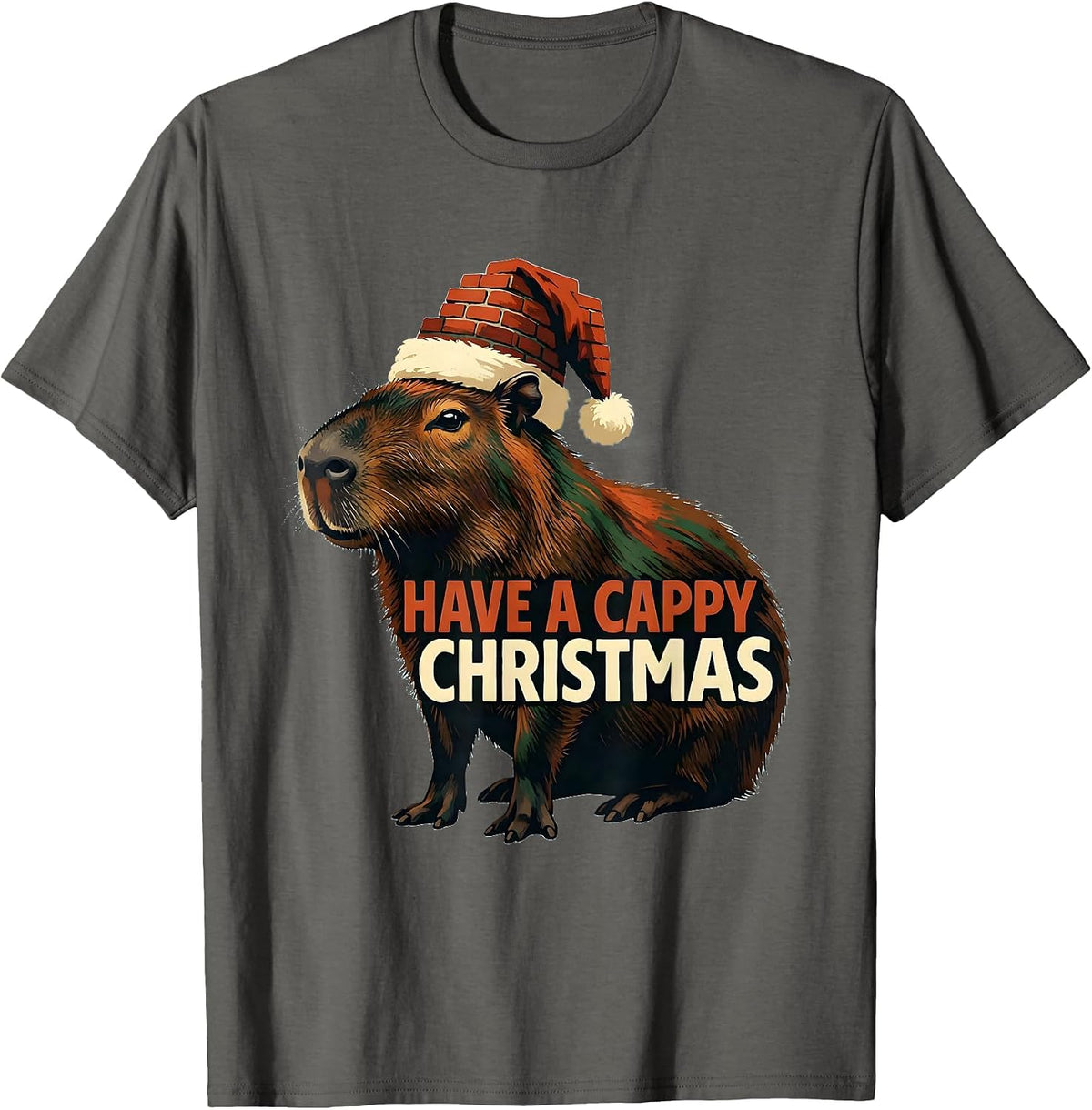Men's Have a Cappy Christmas Cute Capybara Santa Hat Holiday Humor T-Shirt - Asphalt Grey