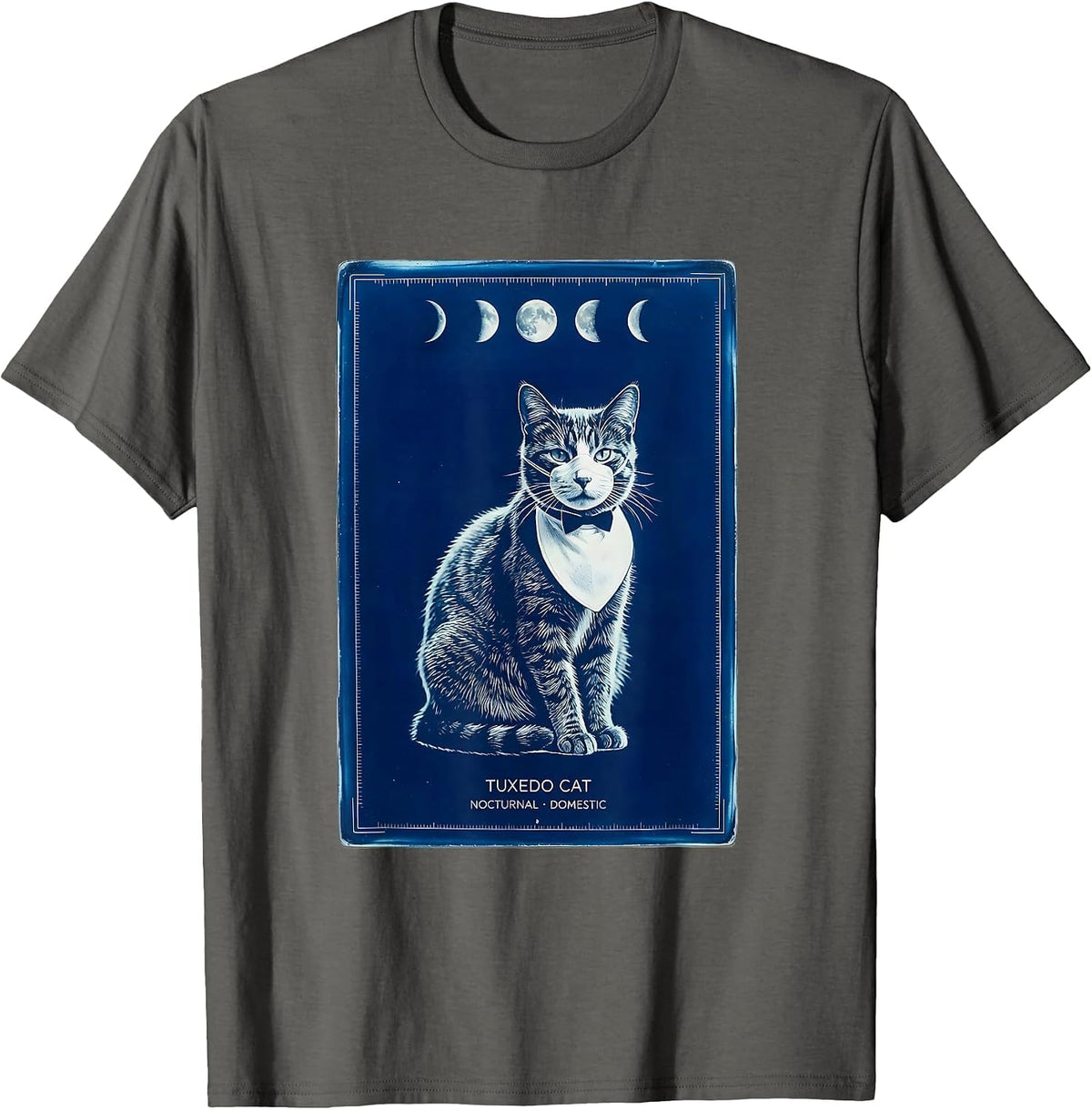 Tuxedo Cat Nocturnal Domestic 90s Retro Moonlit Portrait T-Shirt - Asphalt Grey