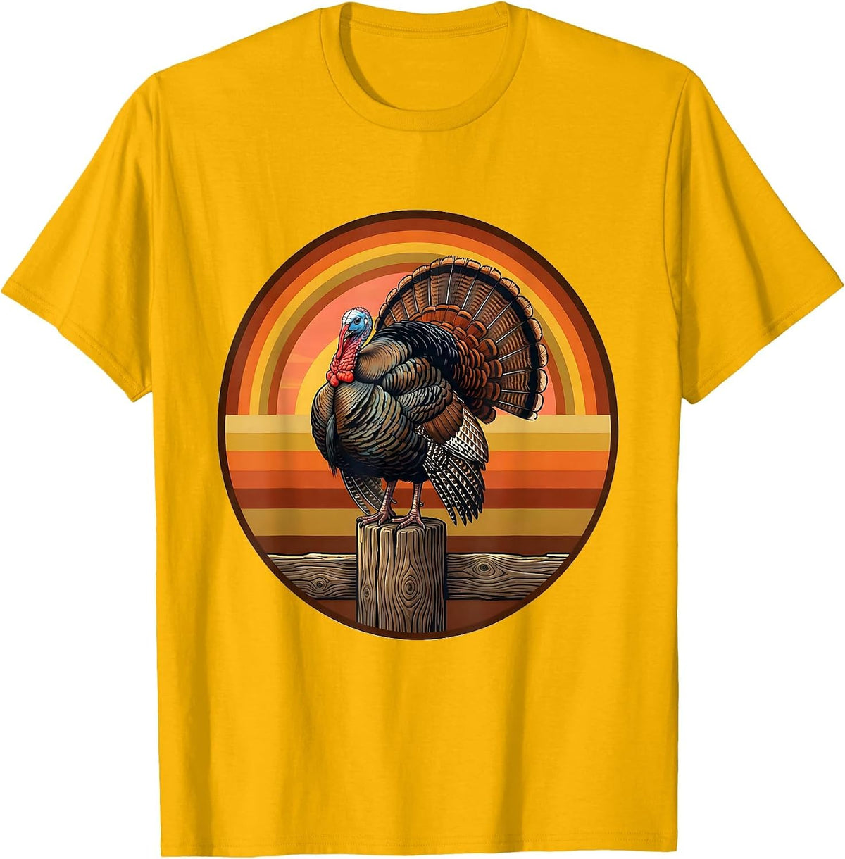 Men's Turkey on Rustic Fence Post Illustration T-Shirt - Golden Yellow