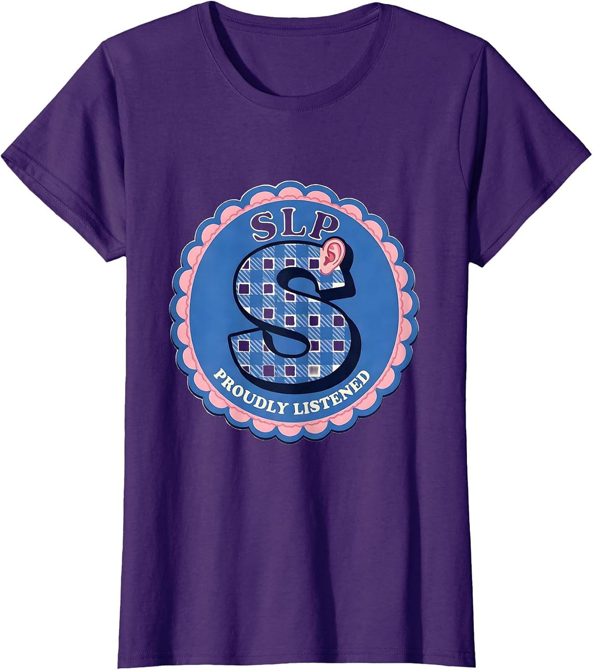 Women's SLP Proudly Listened Gingham Picnic Cute Speech Language T-Shirt - Purple