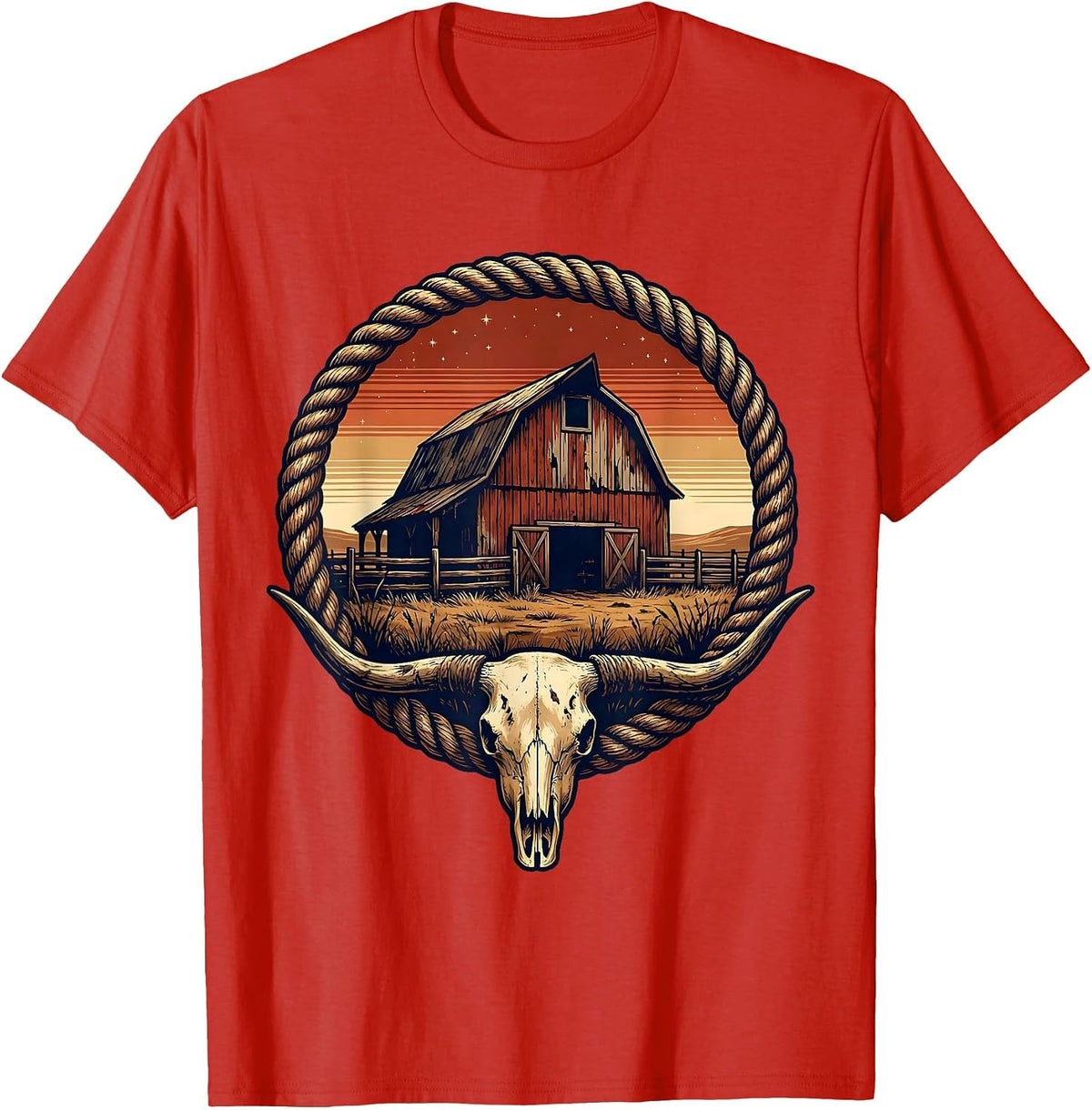 Men's Old Barn Silhouette Sunset Rustic Country Design T-Shirt - Red