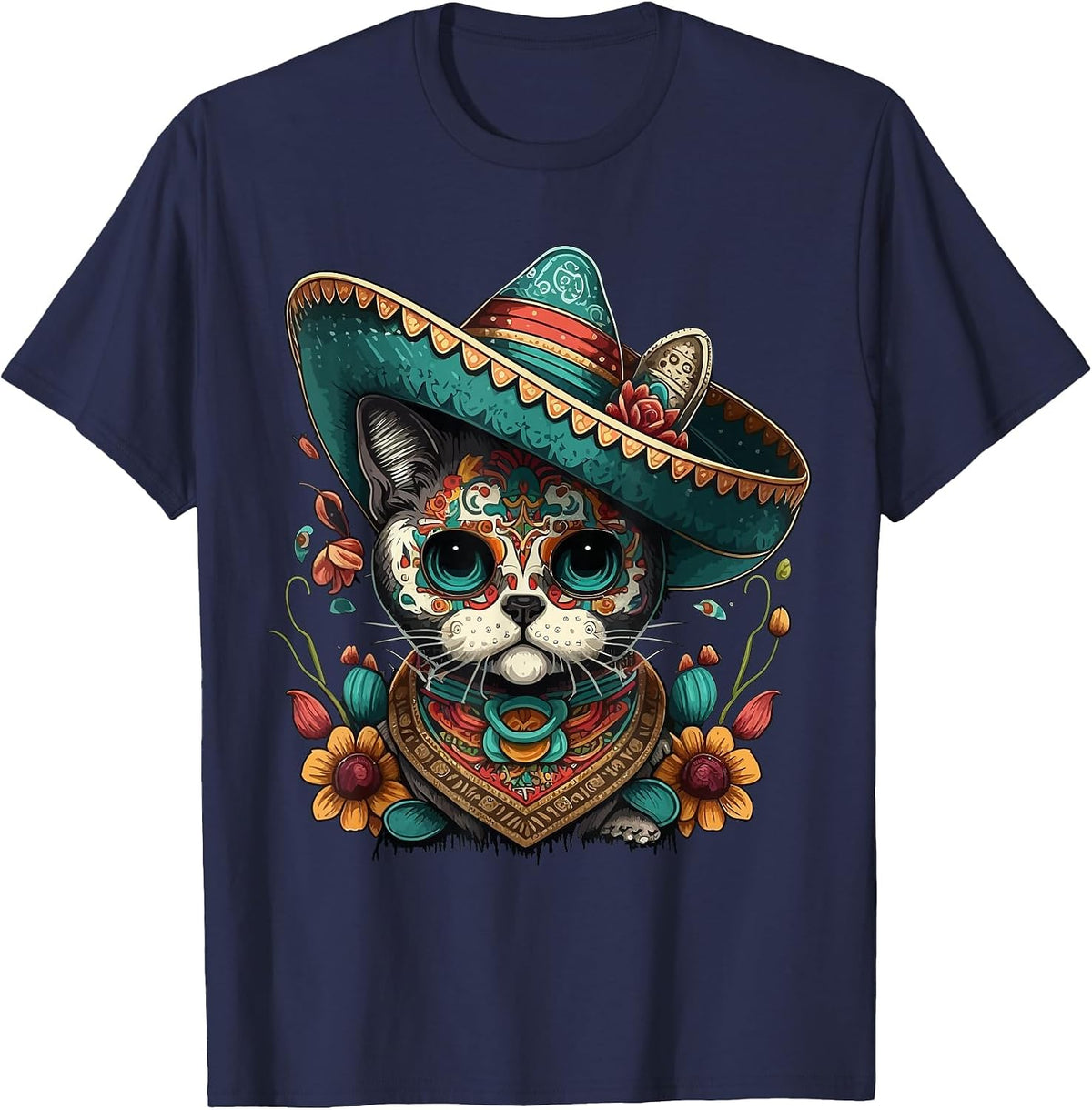Mexican Cinco De Mayo Sugar Skull Sombrero Cat T-Shirt - Navy Blue