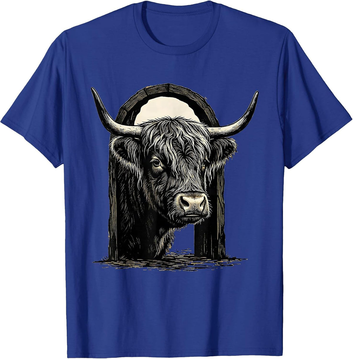 Highland Cow Woodcut Farm Animal Humor T-Shirt - Royal Blue