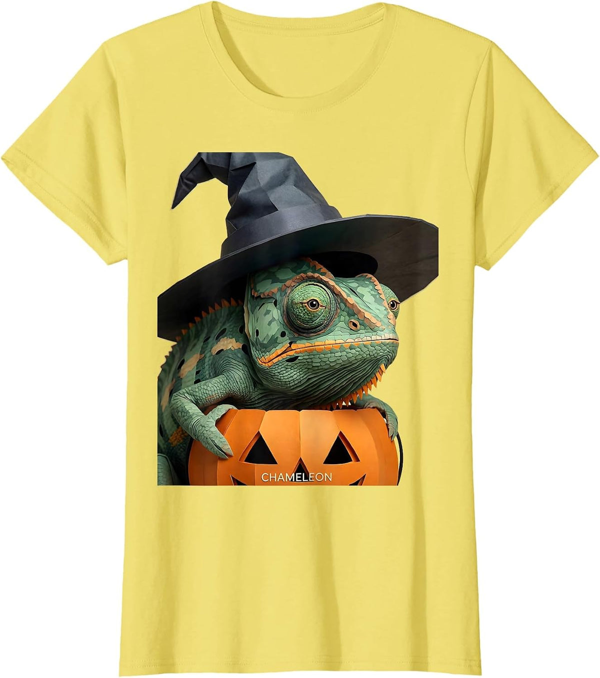 Women's Chameleon Paper Cutout Whimsical Halloween Witch Hat Animal T-Shirt - Lemon Yellow
