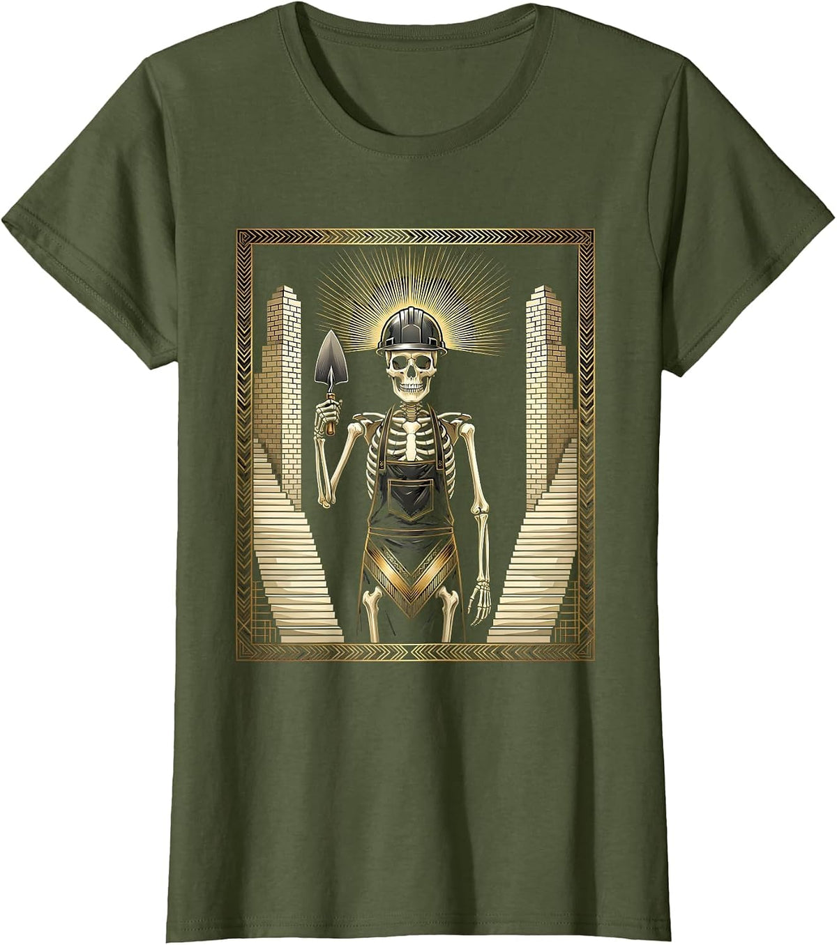 Women's Skeleton Mason Laying Bricks at Midnight T-Shirt - Olive Green