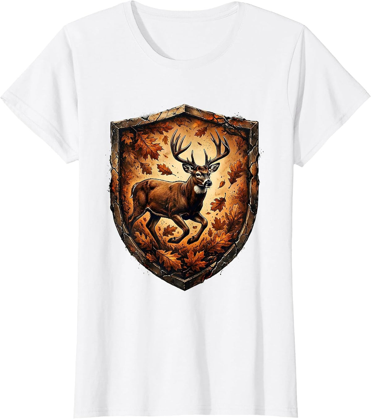 Whitetail Buck Running Through Autumn Leaves Camo T-Shirt - White