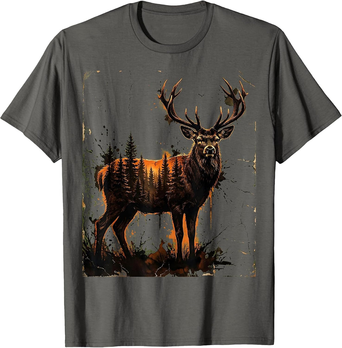 Buck Deer Silhouette Misty Forest Hunting Design T-Shirt - Asphalt Grey