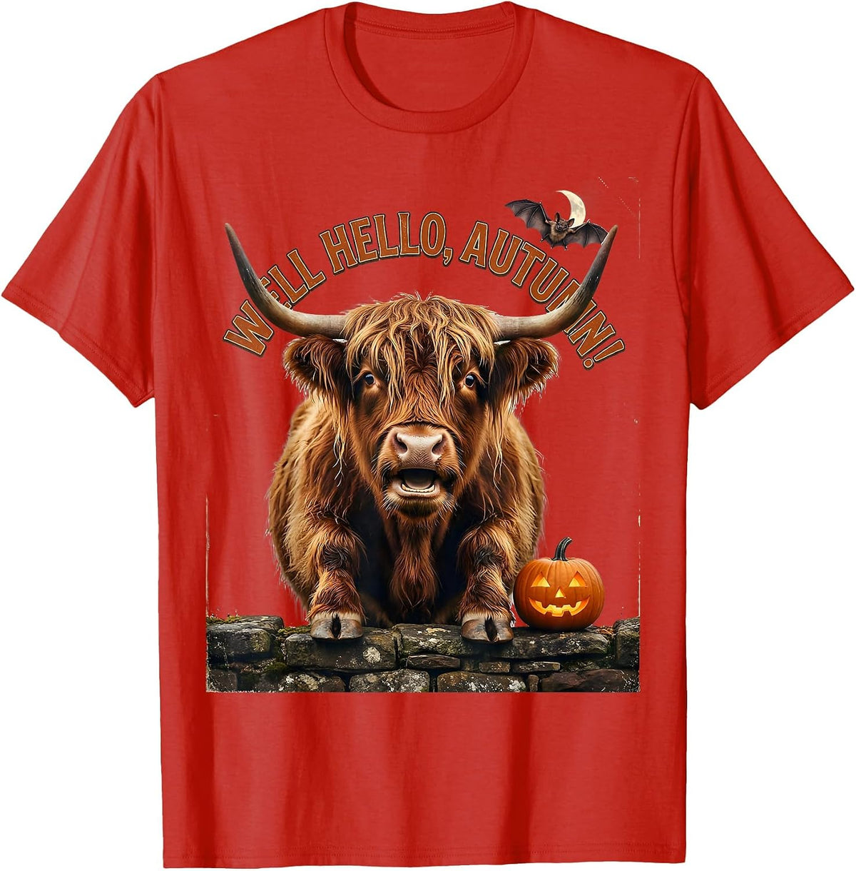 Men's Well Hello, Autumn! Vintage Highland Cow Fall Halloween T-Shirt - Red
