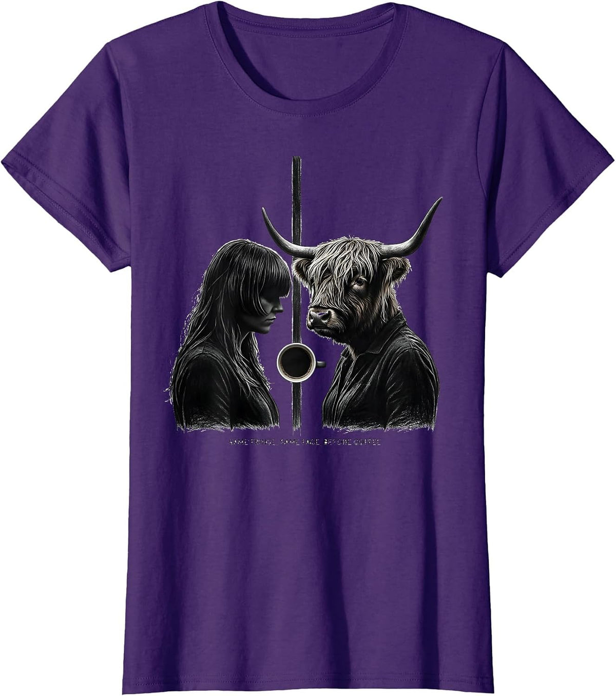 Women's Same Fringe Same Face Before Coffee Funny Highland Cow T-Shirt - Purple