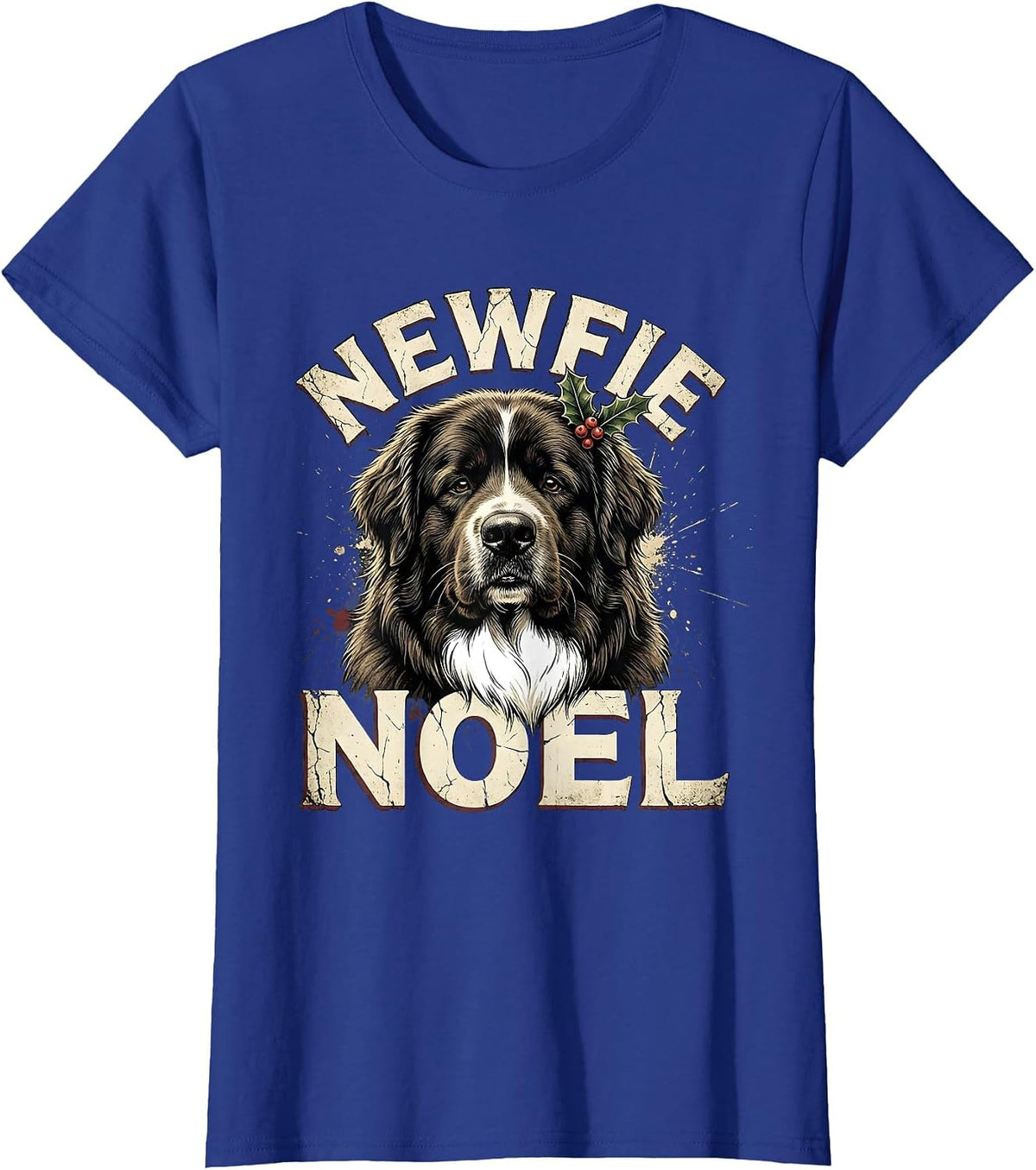 Women's Newfie Noel Distressed Christmas Newfoundland Dog Breed T-Shirt - Royal Blue