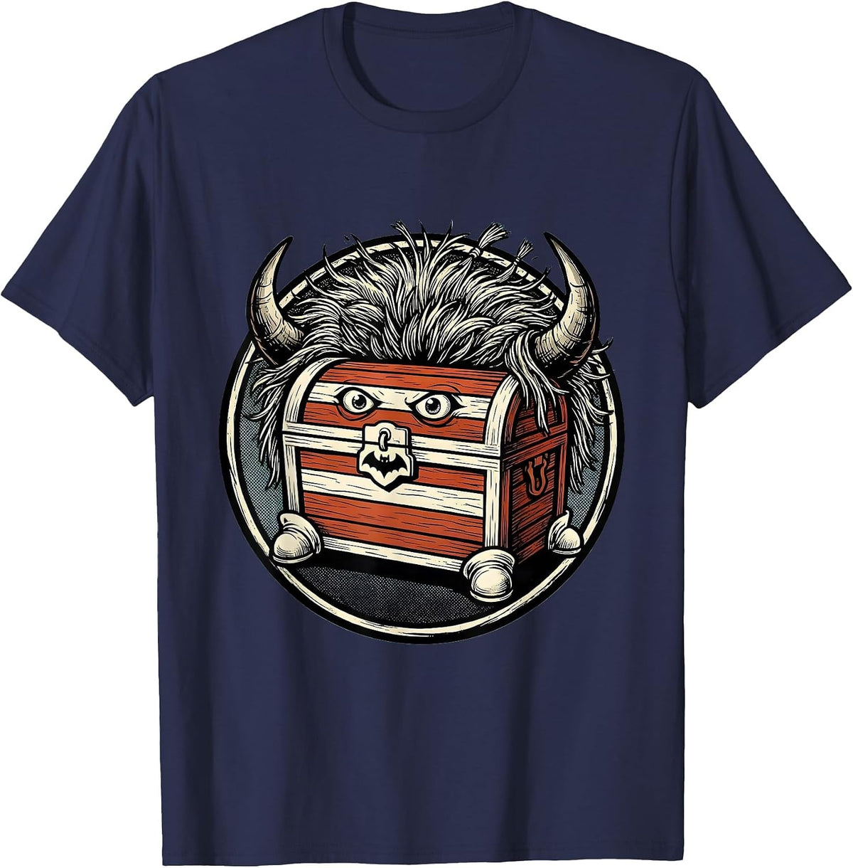 Men's Highland Cow Haunted Treasure Retro Cartoon Halloween T-Shirt - Navy Blue