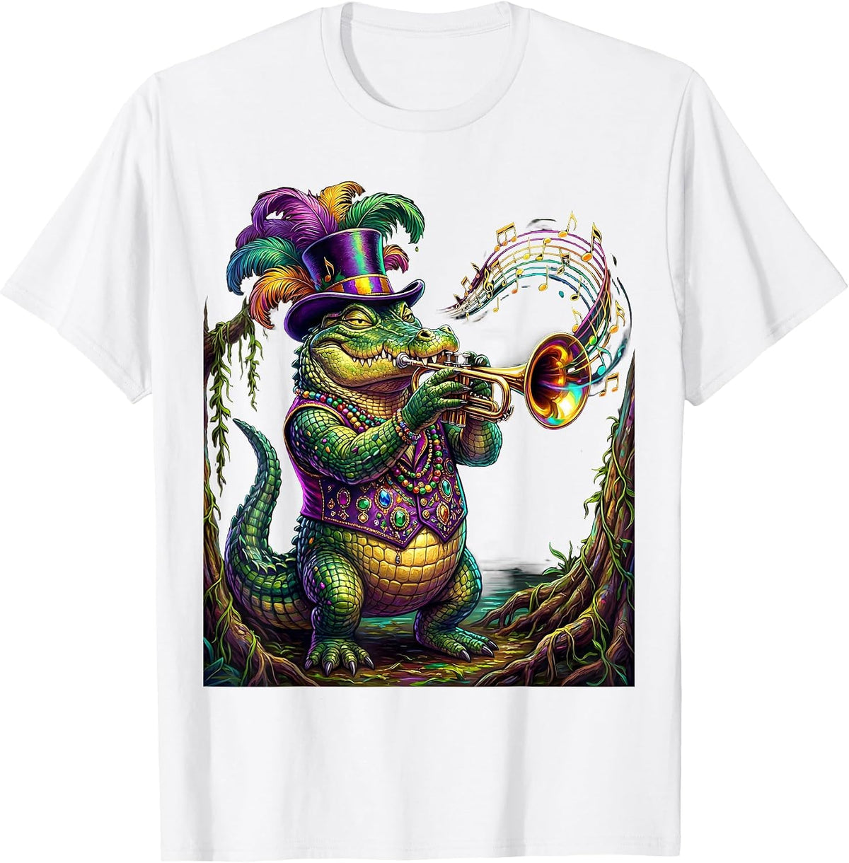 Men's Mardi Gras Jazz Crocodile Swamp Illustration T-Shirt - White