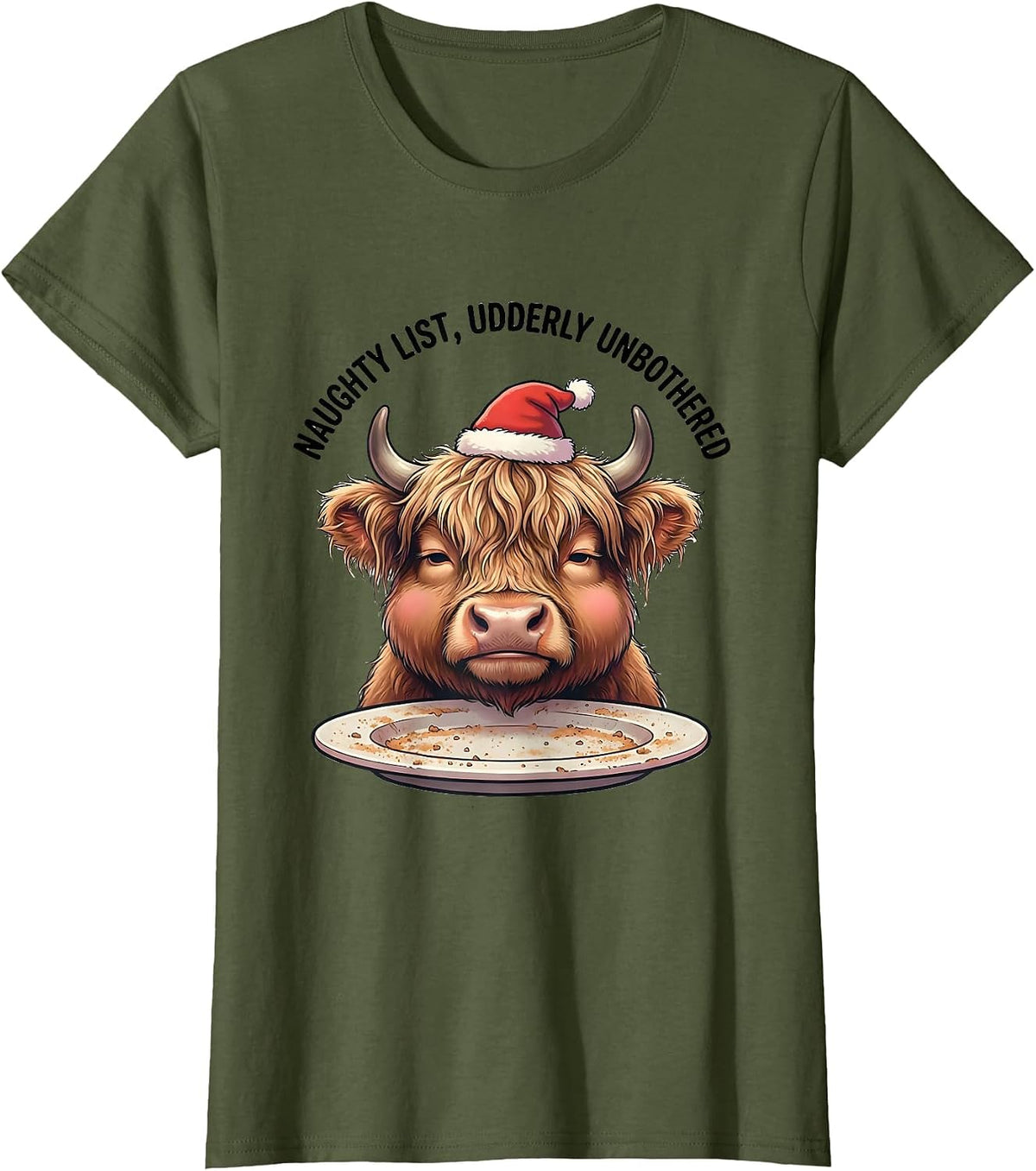 Women's Naughty List, Udderly Unbothered Cute Kawaii Highland Cow T-Shirt - Olive Green