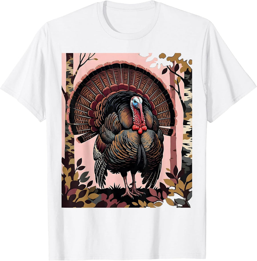 Men's Pink Camo Wild Turkey Strutting Forest Illustration T-Shirt - White