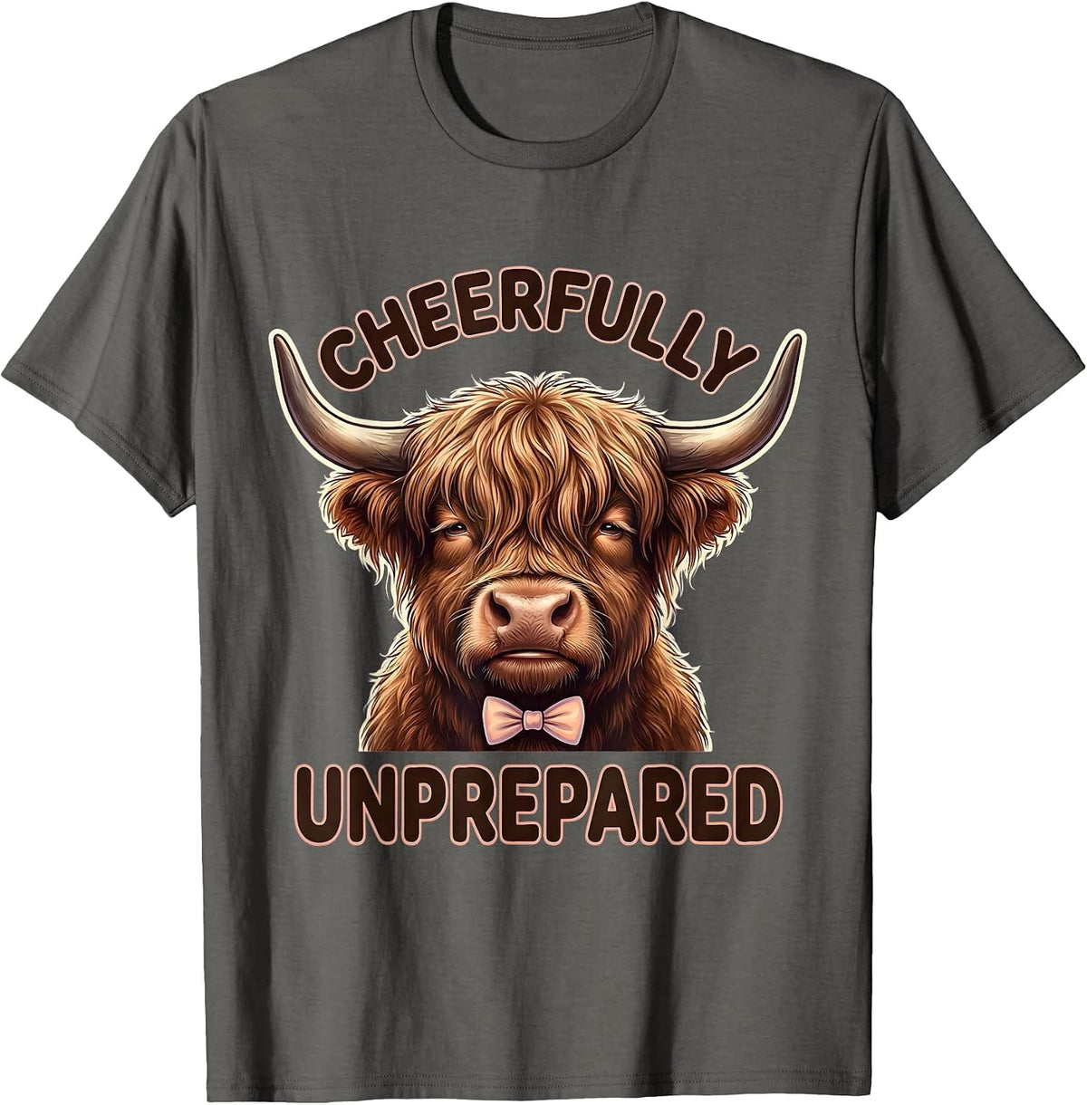 Men's Cheerfully Unprepared Cute Kawaii Highland Cow Funny Novelty T-Shirt - Asphalt Grey