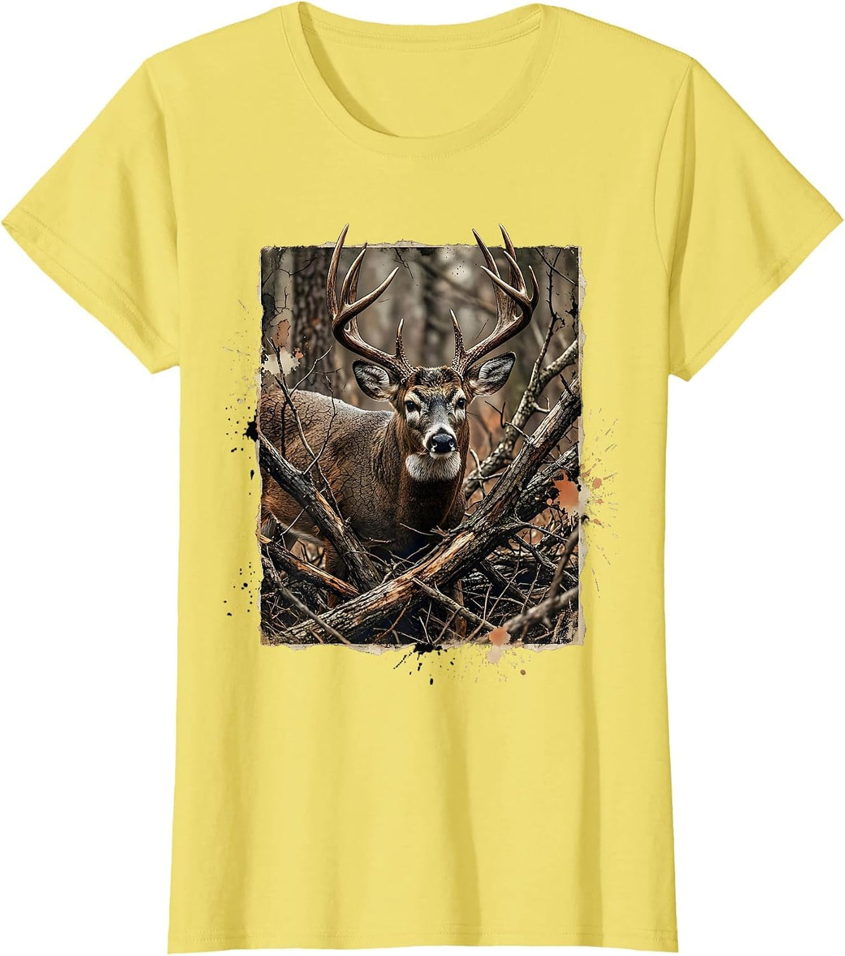 Camo Whitetail Buck Behind Fallen Branches T-Shirt - Lemon Yellow