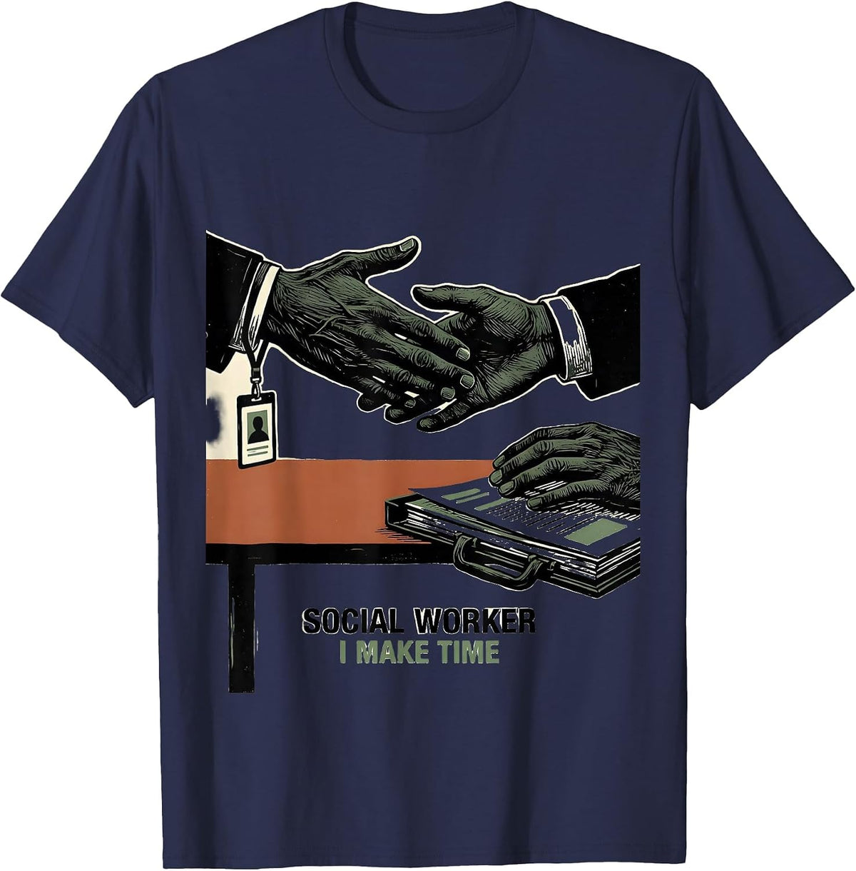 Men's Social Worker I Make Time Linocut Retro Profession Humor T-Shirt - Navy Blue