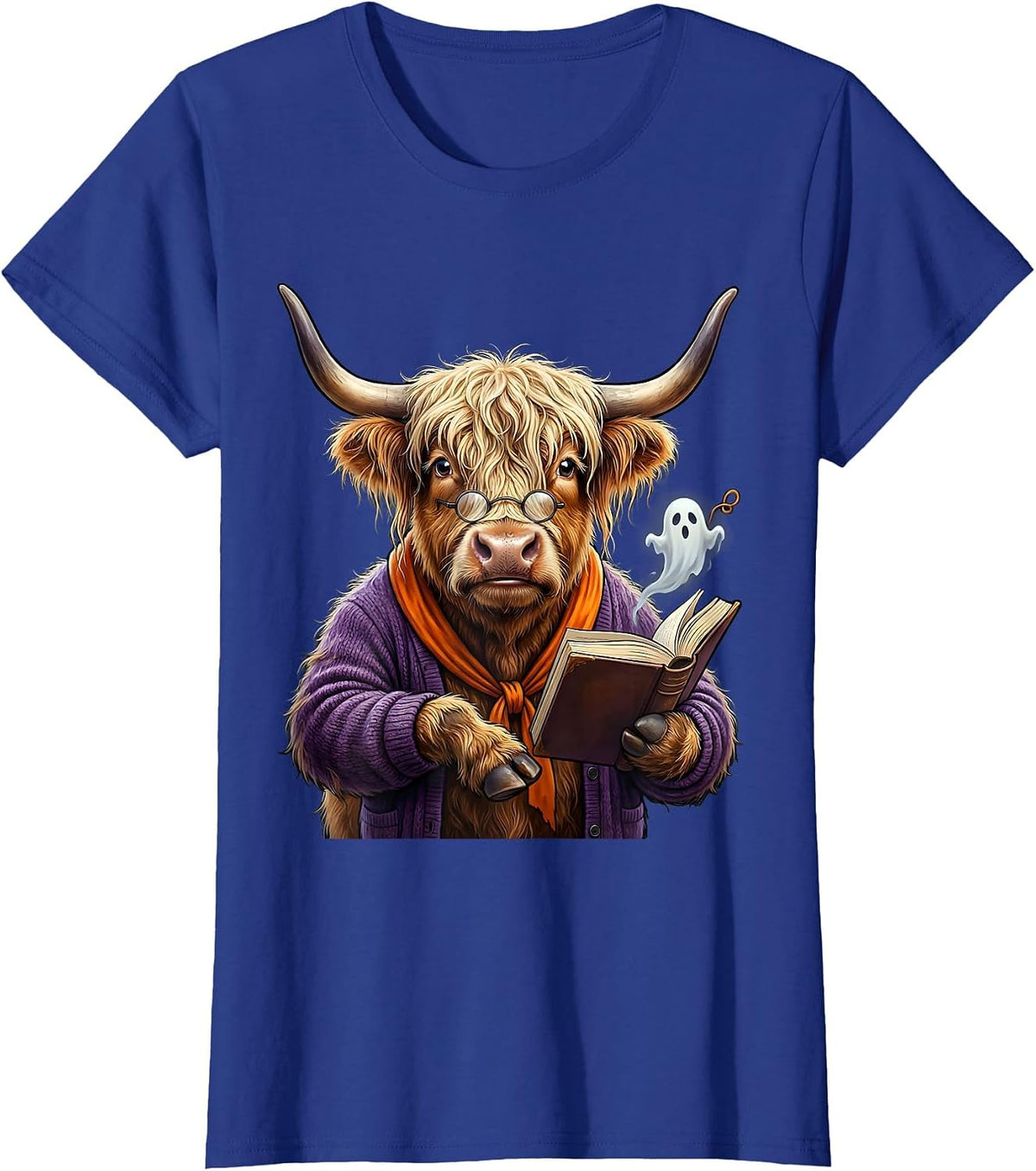 Women's Shaggy Highland Cow Haunted Librarian Halloween Humor T-Shirt - Royal Blue