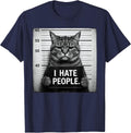 Funny Grumpy Tabby Moody Cat I Hate People T-Shirt - Navy Blue